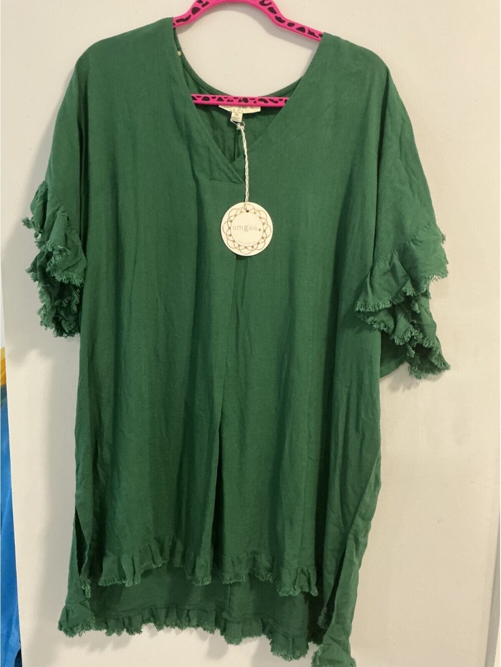 Umgee Plus Size 1X Womans Green Ruffle Frayed Fringe Tunic Top #272